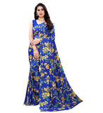 { "alt_text": "Royal Blue georgette saree with floral print, 5.5Mtr women's ethnic wear, unstitched blouse" }