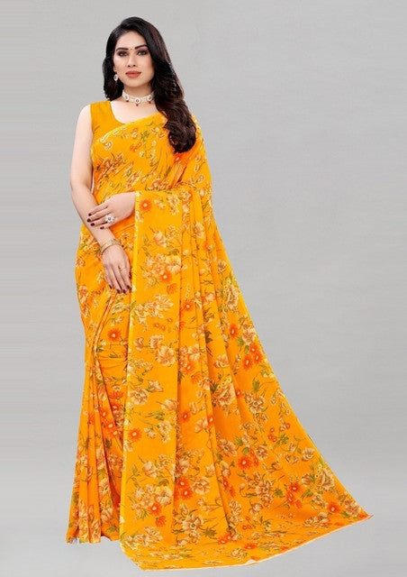 { "alt_text": "Yellow georgette saree floral printed women's ethnic wear, 5.5m unstitched blouse, traditional Indian attire" }