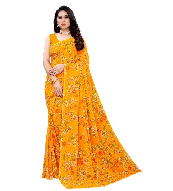 { "alt_text": "Yellow georgette saree floral printed women's ethnic wear, 5.5mtr unstitched blouse, Indian fashion" }