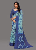 { "alt_text": "Blue georgette printed saree with unstitched blouse, striped ethnic wear, 5.5 meter Indian fashion" }