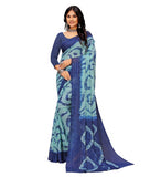 { "alt_text": "Blue georgette printed saree with unstitched blouse, striped ethnic wear, 5.5 meter Indian fashion" }