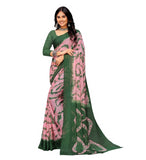 { "alt_text": "Pink-green georgette saree with stripes, printed ethnic wear, 5.5Mtr unstitched blouse for women" }