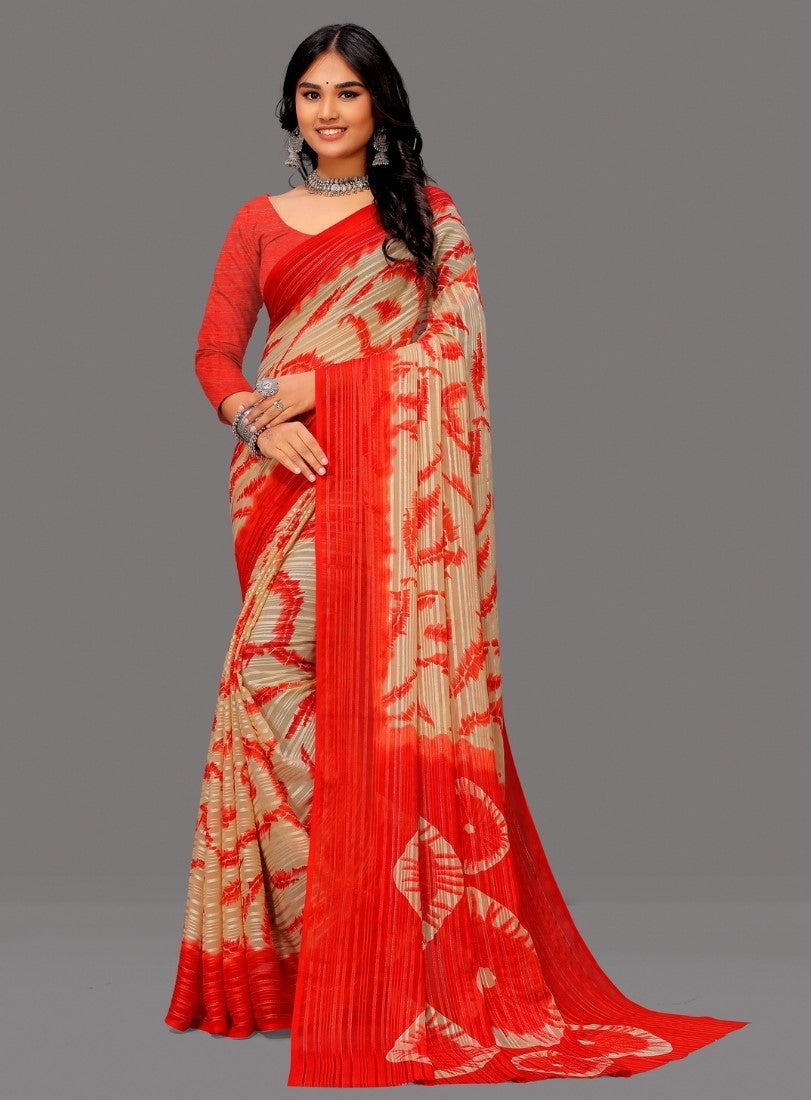 { "alt_text": "Red-beige georgette printed saree with unstitched blouse, striped ethnic wear, 5.5Mtr Indian fashion" }