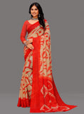 { "alt_text": "Red-beige georgette printed saree with unstitched blouse, striped ethnic wear, 5.5Mtr Indian fashion" }