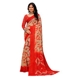 { "alt_text": "Red-beige georgette printed saree with unstitched blouse, striped ethnic wear, 5.5Mtr Indian fashion" }