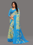 { "alt_text": "Blue-Pale Yellow georgette printed saree, 5.5Mtr, striped ethnic wear for women, unstitched blouse" }