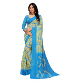 { "alt_text": "Blue-Pale Yellow georgette printed saree with unstitched blouse, striped ethnic wear, 5.5Mtr Indian fashion" }