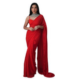 { "alt_text": "Red georgette solid saree with unstitched blouse, 5.5 meter ethnic wear, Indian fashion" }