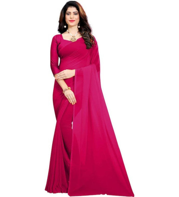 { "alt_text": "Pink georgette solid saree with unstitched blouse, 5.5 meter ethnic wear, Indian fashion" }