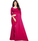 { "alt_text": "Pink georgette solid saree with unstitched blouse, 5.5 meter ethnic wear, Indian fashion" }