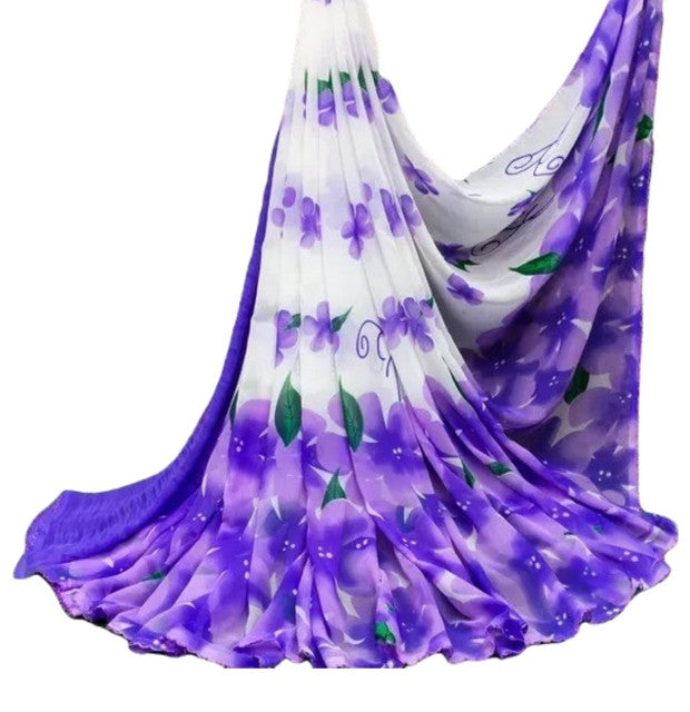 { "alt_text": "White-purple georgette saree with floral print, 5.5mtr ethnic wear, unstitched blouse for women" }