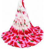 { "alt_text": "White-pink georgette saree floral printed women's ethnic wear, 5.5mtr unstitched blouse, Indian fashion" }