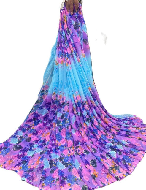 { "alt_text": "Multi georgette floral printed saree with unstitched blouse, 5.5Mtr ethnic wear, Indian fashion" }