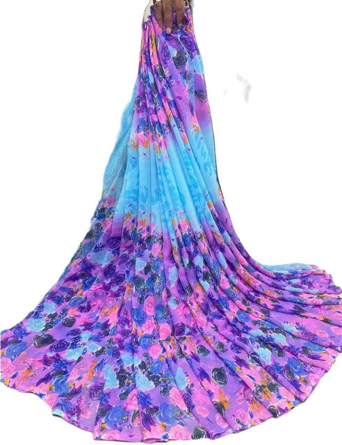 { "alt_text": "Multi georgette floral printed saree with unstitched blouse, 5.5m, ethnic wear fashion" }