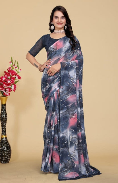 { "alt_text": "Grey-pink georgette printed saree with unstitched blouse, 5.5m, ethnic wear, Indian fashion" }