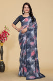 { "alt_text": "Grey-pink georgette printed saree with unstitched blouse, 5.5m, ethnic wear, Indian fashion" }