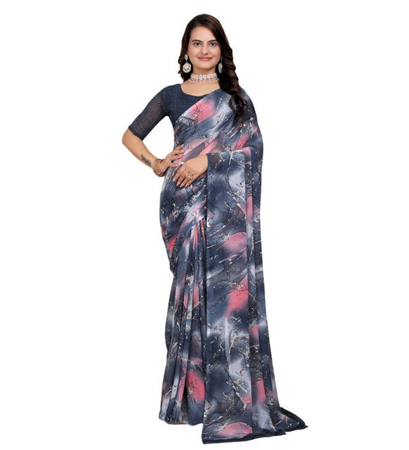 { "alt_text": "Grey-pink georgette printed saree with unstitched blouse, 5.5m, ethnic wear, Indian fashion" }
