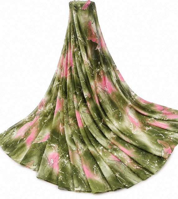 { "alt_text": "Mehendi-Pink georgette printed saree with unstitched blouse, 5.5Mtr, ethnic wear fashion" }