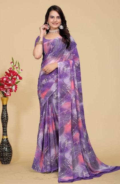 { "alt_text": "Purple-pink georgette printed saree with unstitched blouse, 5.5m, ethnic wear, Indian fashion" }