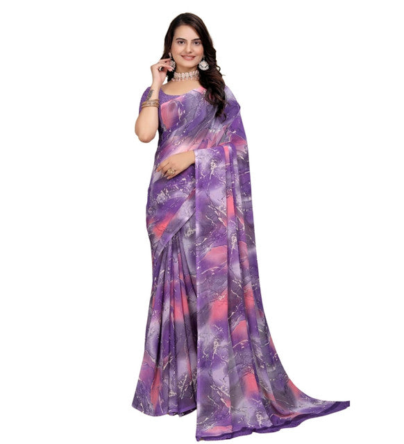 { "alt_text": "Purple-pink georgette printed saree with unstitched blouse, 5.5m, ethnic wear, Indian fashion" }