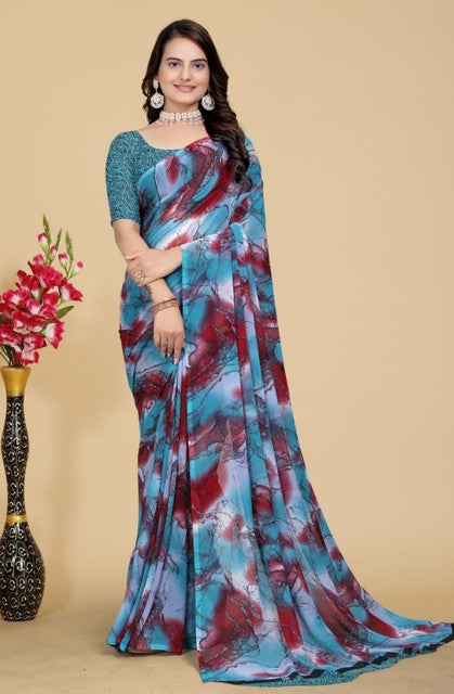 { "alt_text": "Blue-maroon georgette printed saree with unstitched blouse, 5.5m, ethnic wear fashion" }