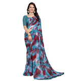 { "alt_text": "Blue-maroon georgette printed saree with unstitched blouse, 5.5m, ethnic wear fashion" }