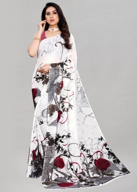 { "alt_text": "White georgette printed saree with unstitched blouse, 5.5m, ethnic wear, Indian fashion" }