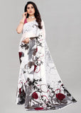 { "alt_text": "White georgette printed saree with unstitched blouse, 5.5m, ethnic wear, Indian fashion" }