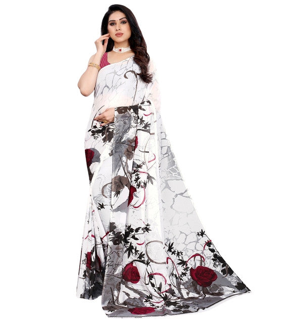 { "alt_text": "White georgette printed saree with unstitched blouse, 5.5m, ethnic wear, Indian fashion" }