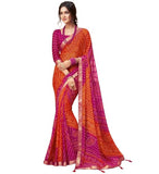 { "alt_text": "Orange-magenta georgette bandhani printed saree, 5.5m, ethnic wear, Indian wedding attire" }