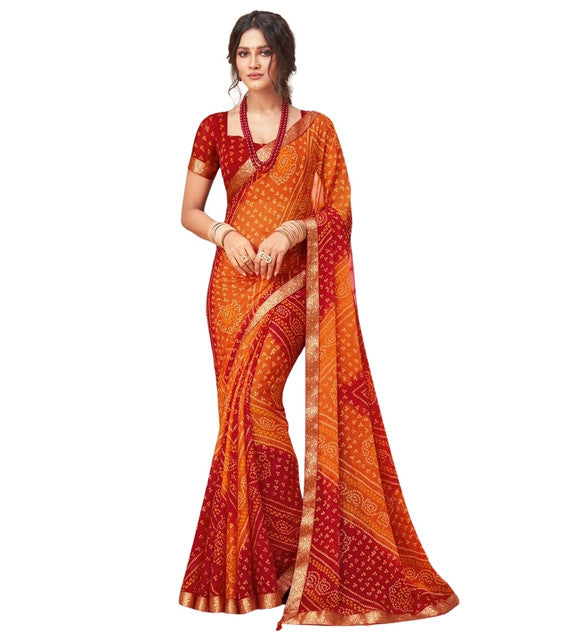 { "alt_text": "Orange-red georgette bandhani printed saree, 5.5Mtr, ethnic wear, Indian wedding attire" }