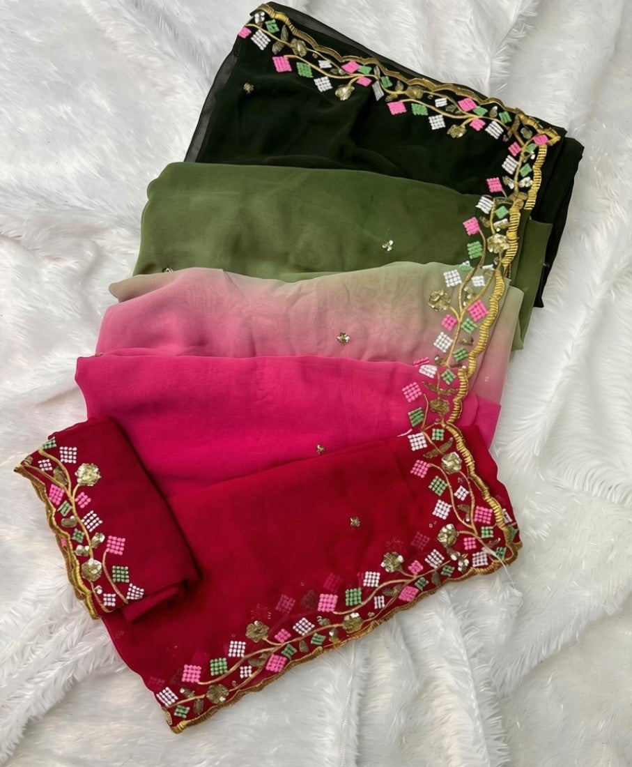 { "alt_text": "Multi georgette embroidered saree with unstitched blouse, 5.5m, ethnic wear fashion" }