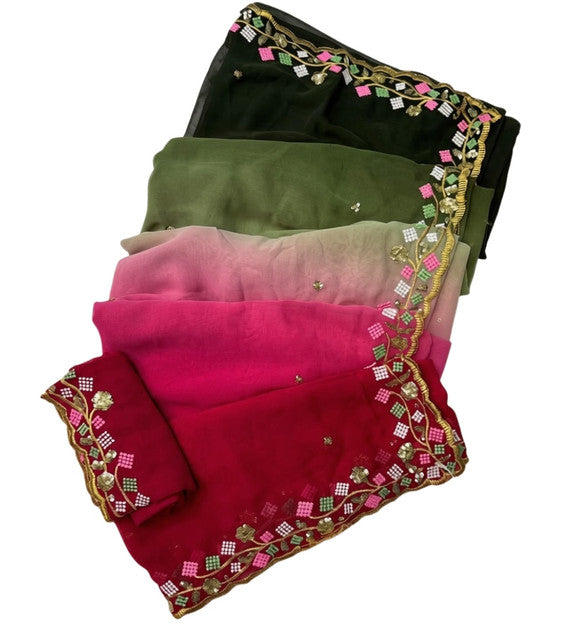 { "alt_text": "Multi georgette embroidered saree with unstitched blouse, 5.5m, ethnic wear fashion" }