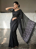 { "alt_text": "Black georgette striped saree with unstitched blouse, 5.5m georgette ethnic wear for women" }