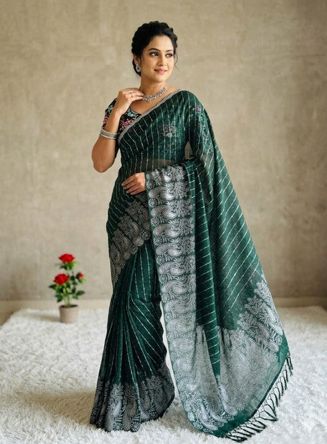 { "alt_text": "Dark green georgette striped saree with unstitched blouse, 5.5 meter ethnic wear, Indian fashion" }