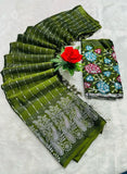 { "alt_text": "Olive green georgette striped saree with unstitched blouse, 5.5 meter ethnic wear, Indian fashion" }