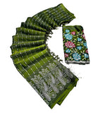 { "alt_text": "Olive green georgette striped saree with unstitched blouse, 5.5 meter ethnic wear, Indian fashion" }