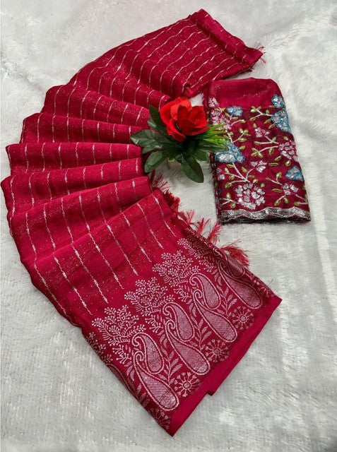 { "alt_text": "Red georgette striped saree with unstitched blouse, 5.5m georgette ethnic wear for women" }
