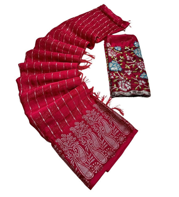 { "alt_text": "Red georgette striped saree with unstitched blouse, 5.5m, ethnic wear, Indian fashion" }