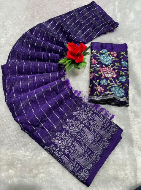 { "alt_text": "Purple georgette striped saree with unstitched blouse, 5.5m georgette ethnic wear for women" }