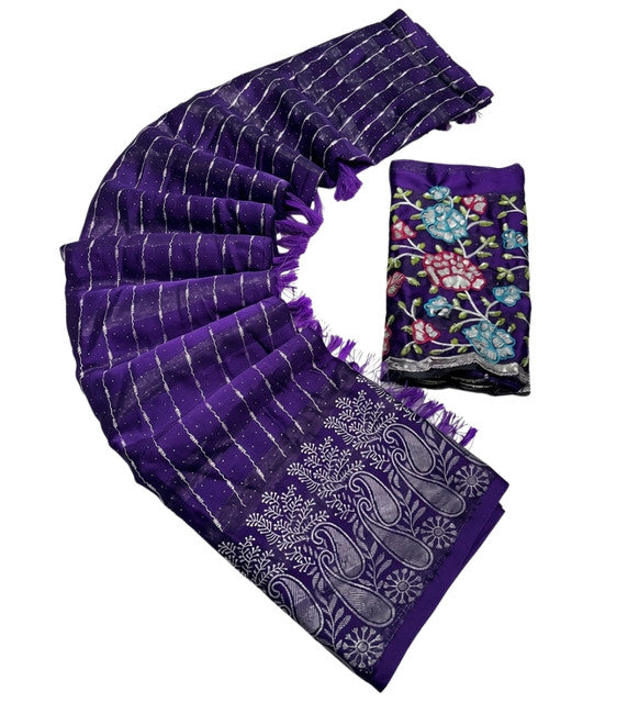 { "alt_text": "Purple georgette striped saree with unstitched blouse, 5.5m georgette ethnic wear for women" }