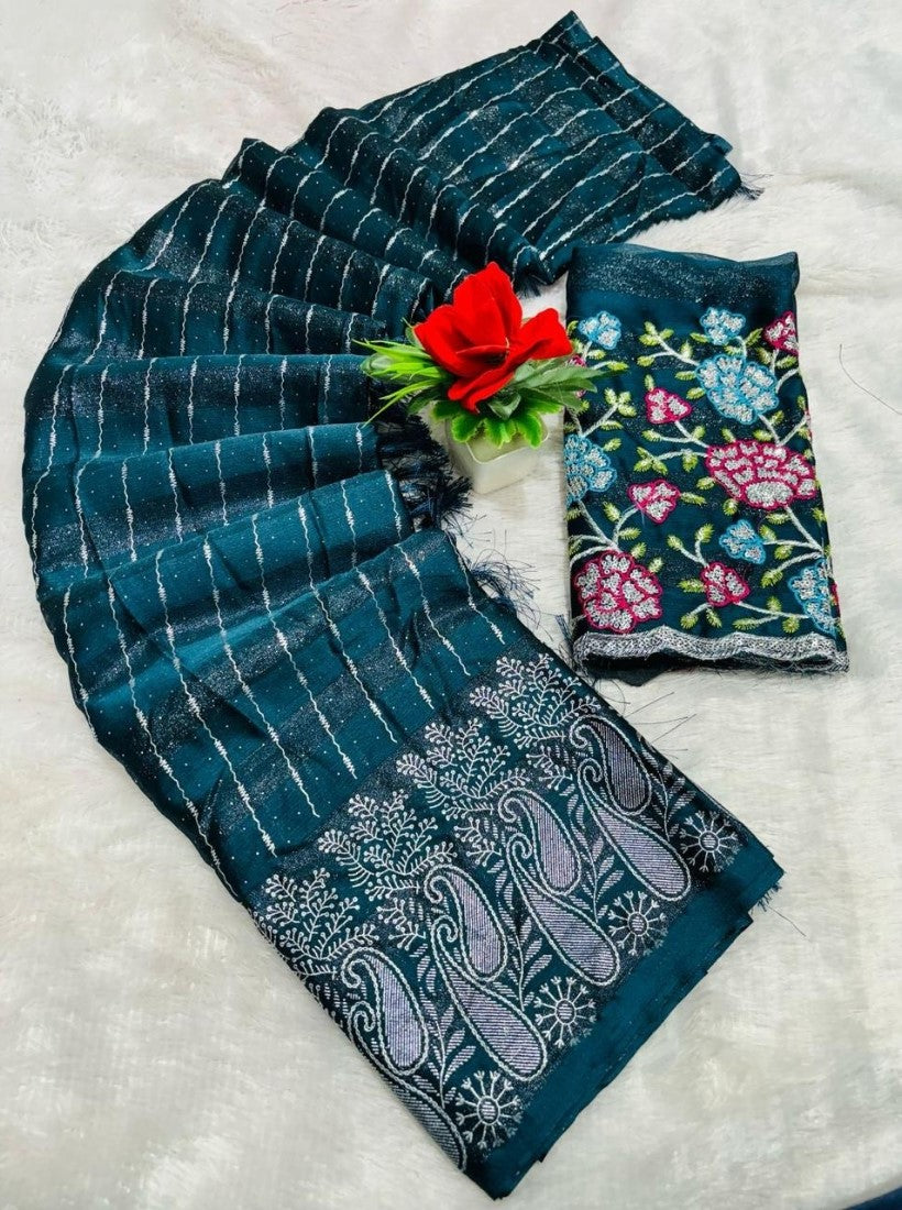 { "alt_text": "Teal georgette saree with unstitched blouse, striped ethnic wear, 5.5 meter georgette fabric" }
