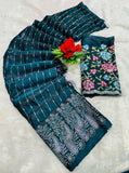 { "alt_text": "Teal georgette saree with unstitched blouse, striped ethnic wear, 5.5 meter georgette fabric" }