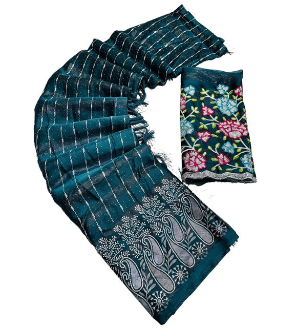 { "alt_text": "Teal georgette saree with unstitched blouse, striped ethnic wear, 5.5 meter georgette fabric" }