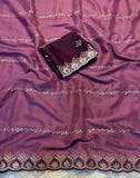 { "alt_text": "Pink georgette embroidered saree with unstitched blouse, 5.5 meter ethnic wear, Indian occasion outfit" }