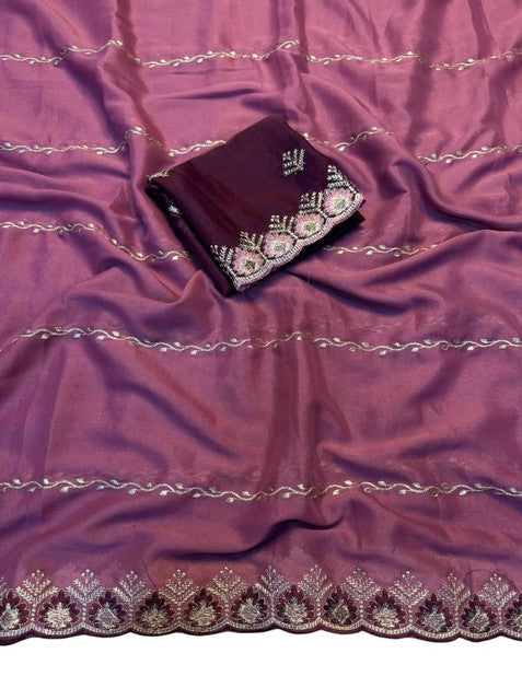 { "alt_text": "Pink georgette embroidered saree with unstitched blouse, 5.5m, ethnic wear fashion" }