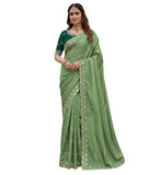 { "alt_text": "Pista Green georgette embroidered saree with unstitched blouse, 5.5Mtr ethnic wear, Indian fashion" }