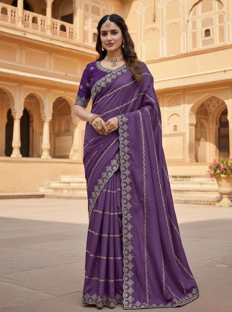 { "alt_text": "Purple georgette embroidered saree with unstitched blouse, 5.5m, ethnic wear fashion" }
