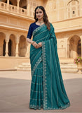 { "alt_text": "Teal georgette embroidered saree with unstitched blouse, 5.5m, ethnic wear fashion" }