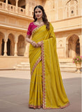 { "alt_text": "Yellow georgette embroidered saree with unstitched blouse, 5.5m, ethnic wear fashion" }